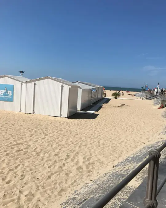 White beach cabins on the sand at Oostende