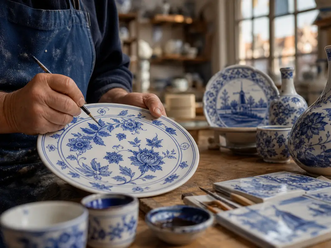 A Delft Blue plate being hand-painted in a Delft pottery workshop