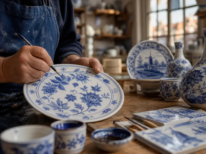 A Delft Blue plate being hand-painted in a Delft pottery workshop