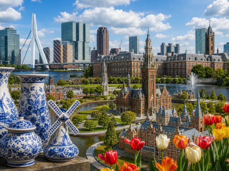 The Netherlands in one image: Rotterdam’s skyline, Delft Blue, the Binnenhof and tulips