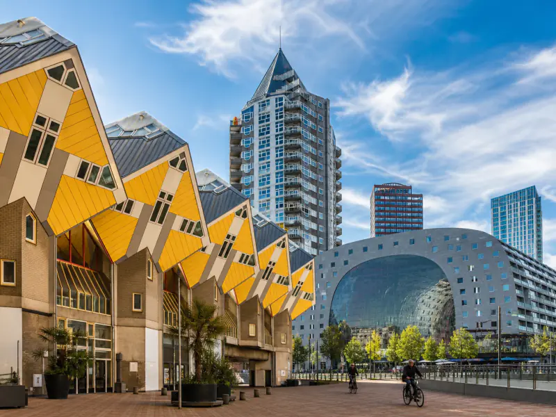 The yellow Cube Houses and the Markthal in Rotterdam